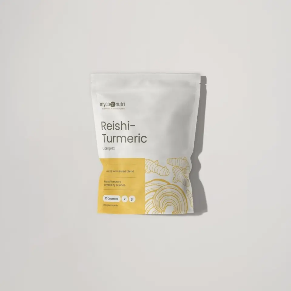 Reishi-Turmeric Complex pouch with 60 capsules, vegan and gluten-free.