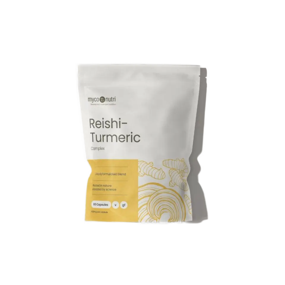 Reishi-Turmeric Complex, 60 capsules, MycoNutri packaging with turmeric illustrations.