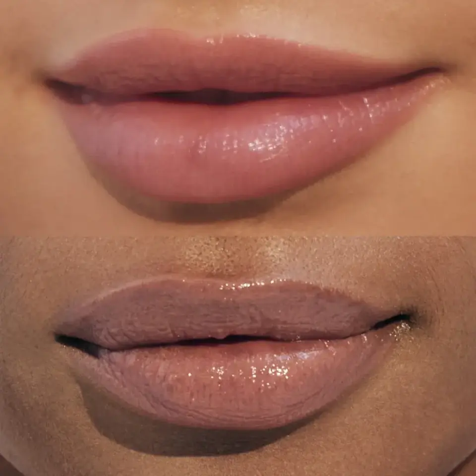 Two close-up images of lips with glossy nude lipstick.
