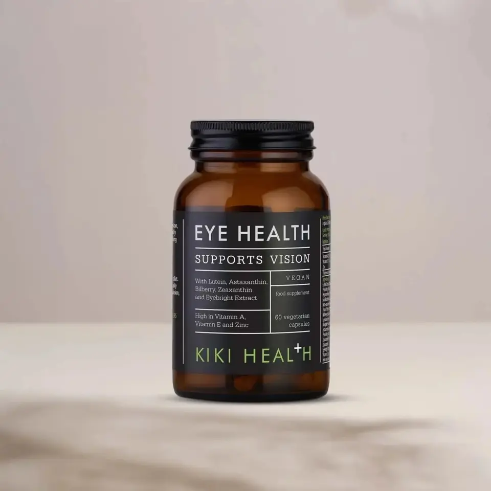 Brown bottle labelled "Eye Health Supports Vision" by Kiki Health.