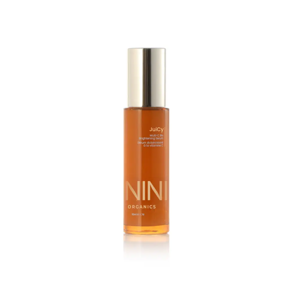 NINI Organics Juicy Multi-C Bio Brightening Serum, 50ml bottle with gold cap.