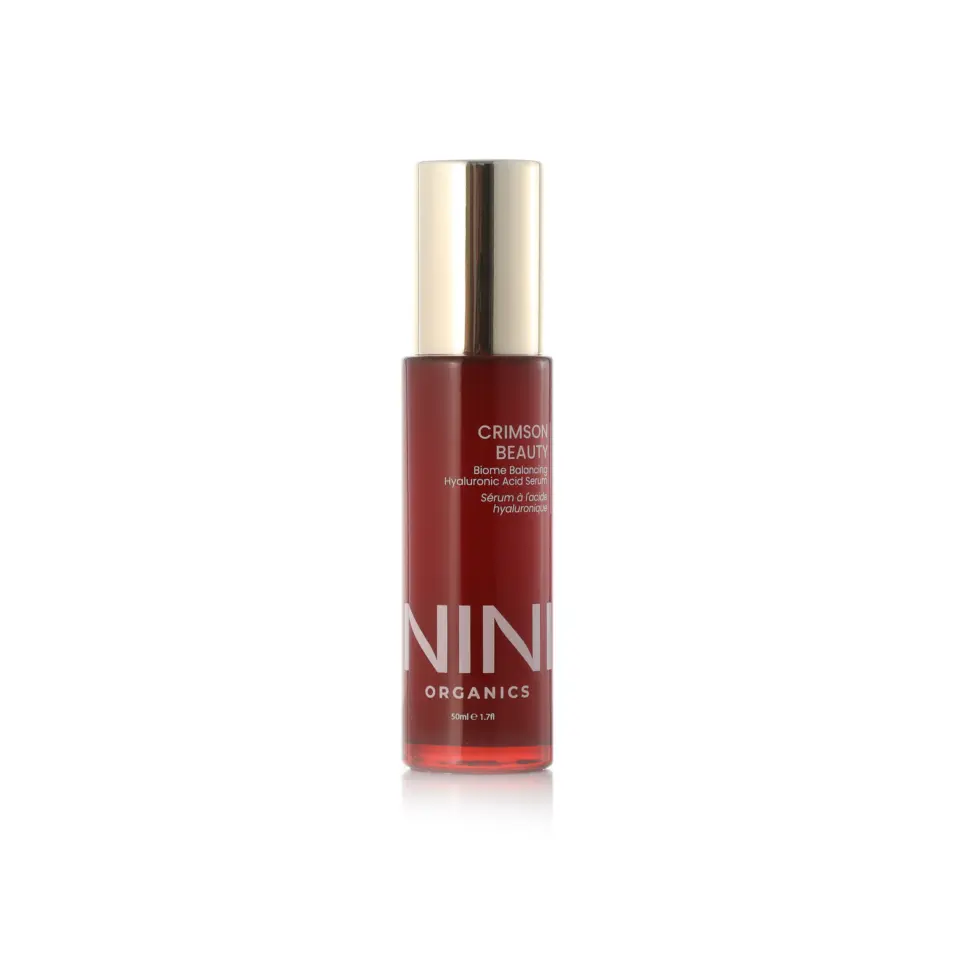 Crimson Beauty serum bottle with gold cap, 50ml, by Nini Organics.