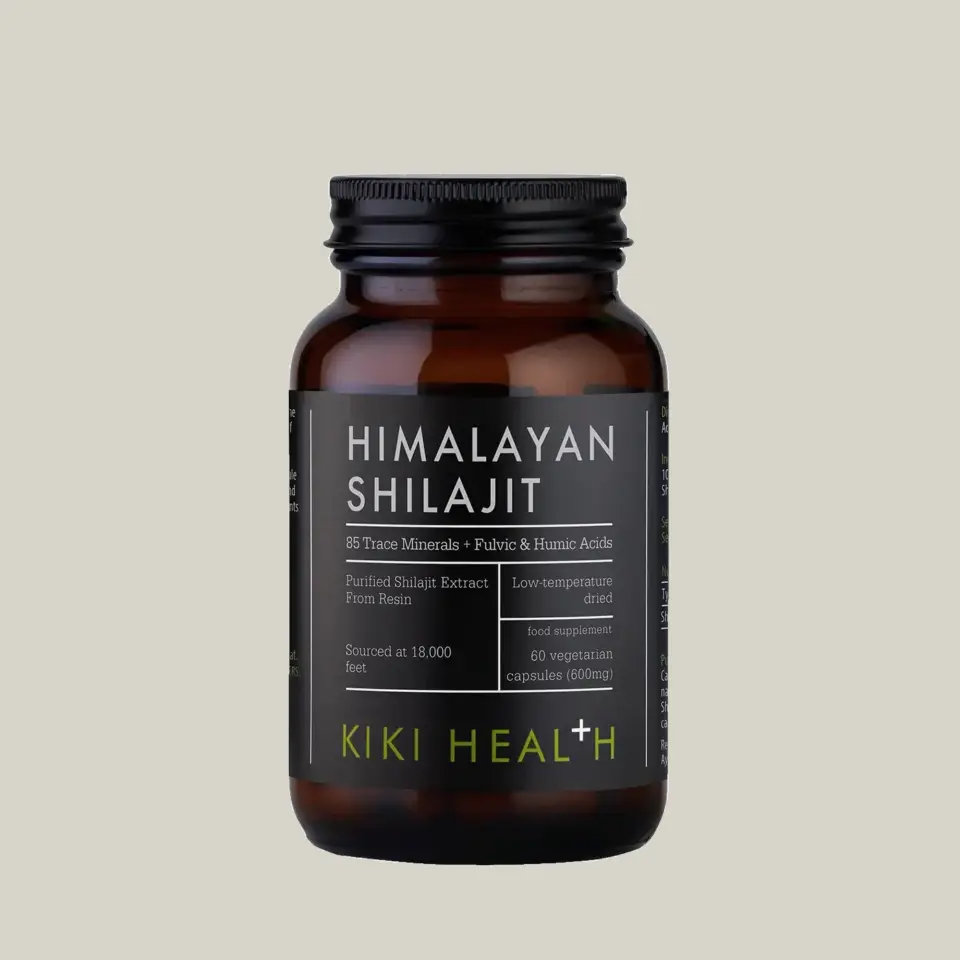 Himalayan Shilajit supplement bottle, 60 capsules, Kiki Health brand.