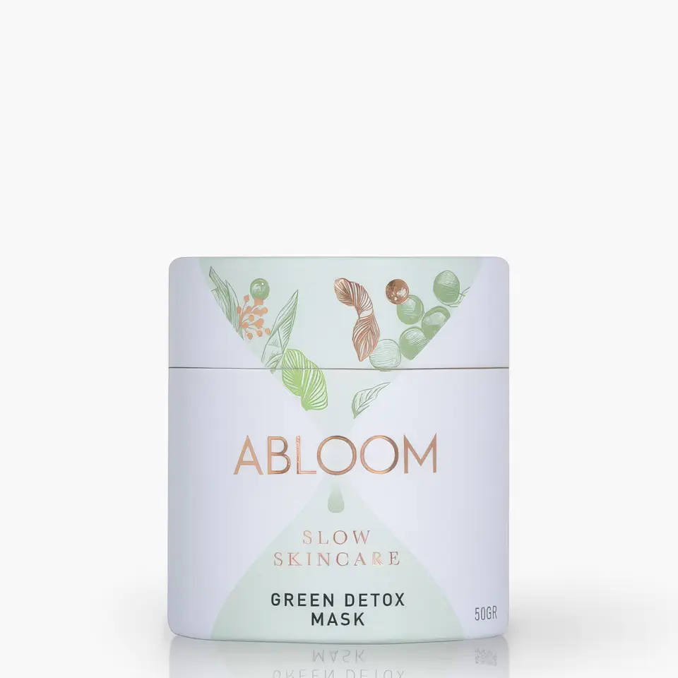 Abloom Green Detox Mask jar with botanical design, 50gr.