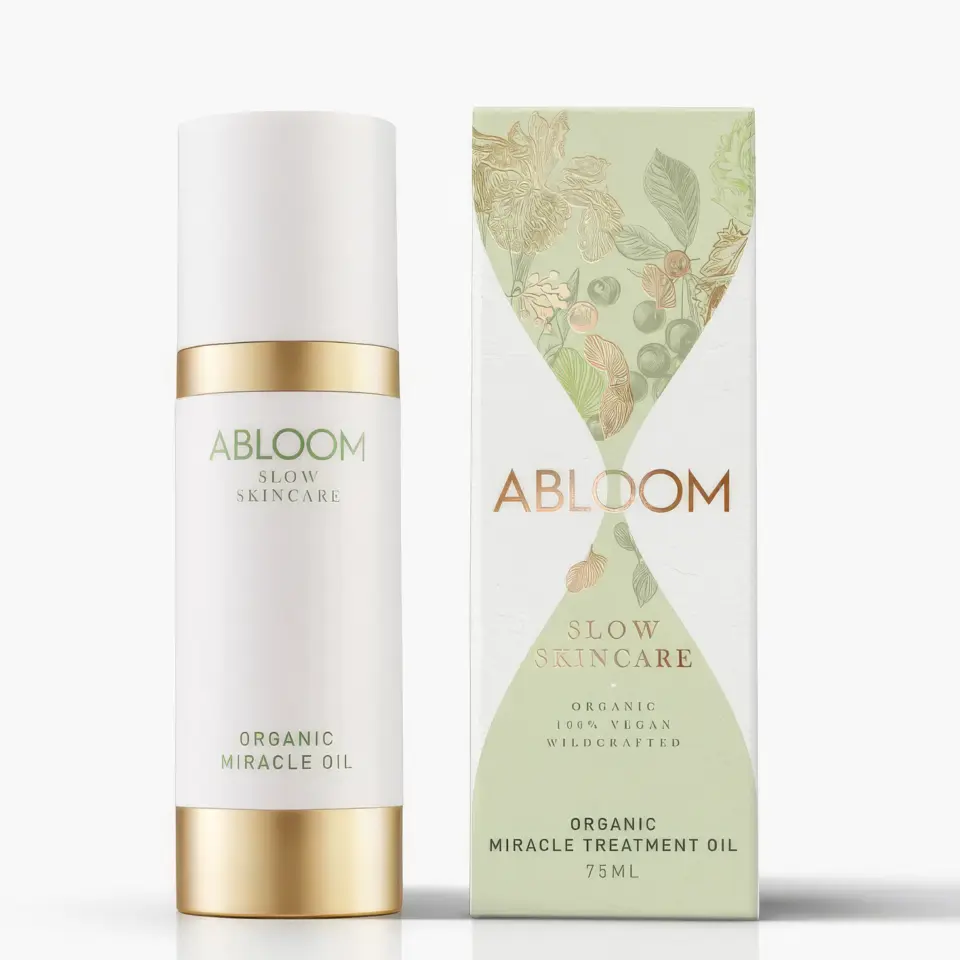 Abloom Slow Skincare Organic Miracle Oil bottle and box, 75ml.