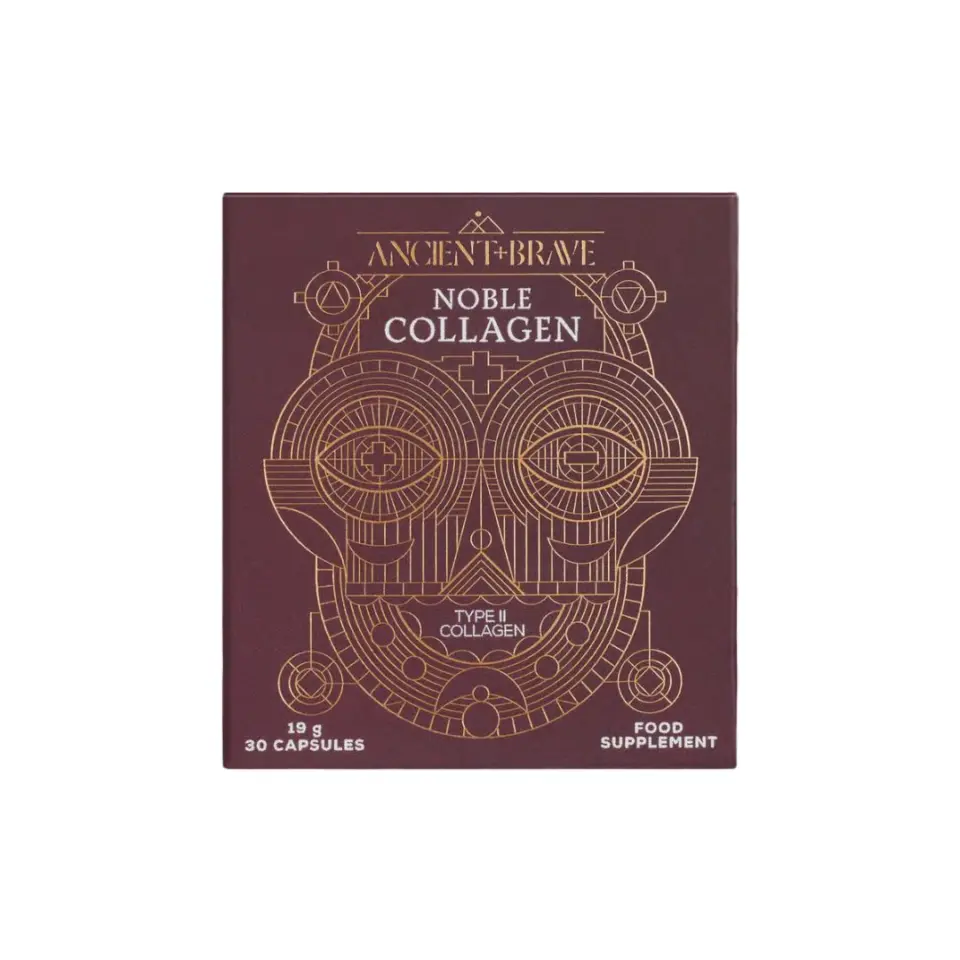 Noble Collagen box with geometric design, 19g, 30 capsules, food supplement.
