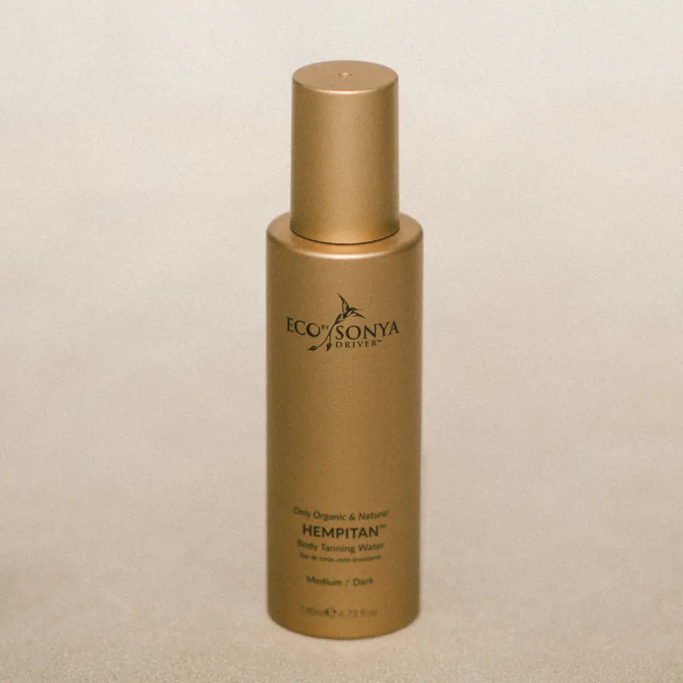 Gold bottle of Eco by Sonya Driver Hempitan Body Tanning Water, 140ml, medium/dark shade.