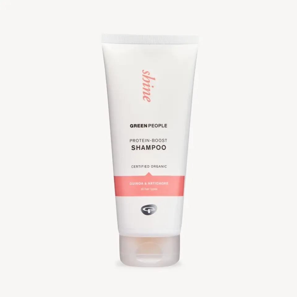 White tube of Green People protein-boost shampoo, quinoa and artichoke, 200ml.