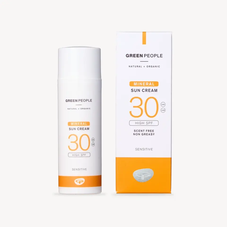 Green People Mineral Sun Cream SPF 30 bottle and box, scent-free, non-greasy, for sensitive skin.