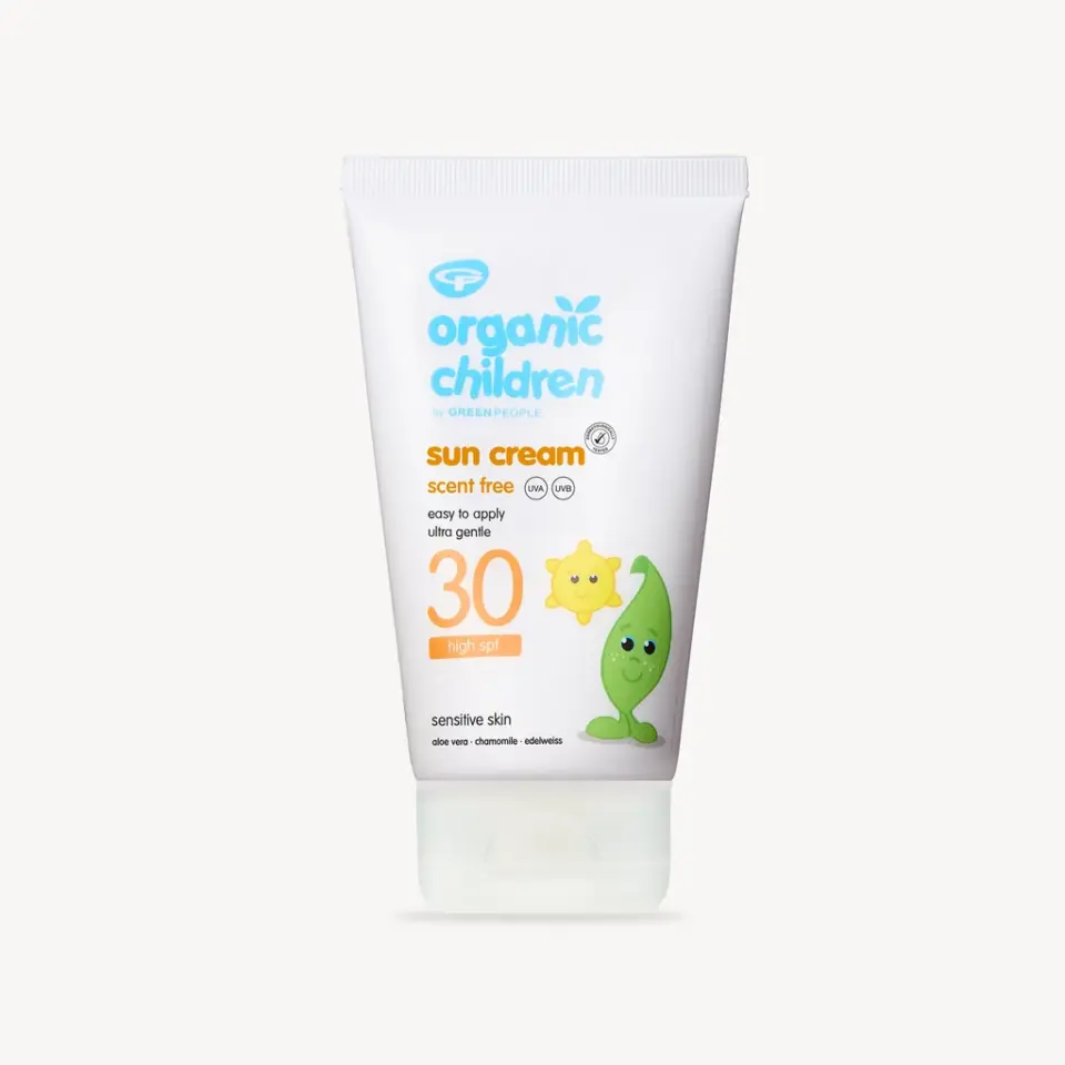 Organic Children SPF 30 sun cream, scent free, for sensitive skin, with aloe vera and chamomile.