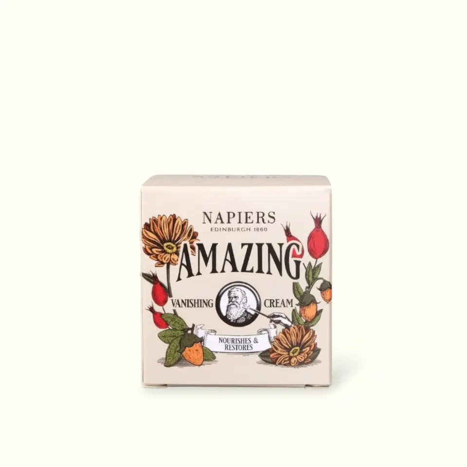 Napiers Amazing Vanishing Cream box with floral design.