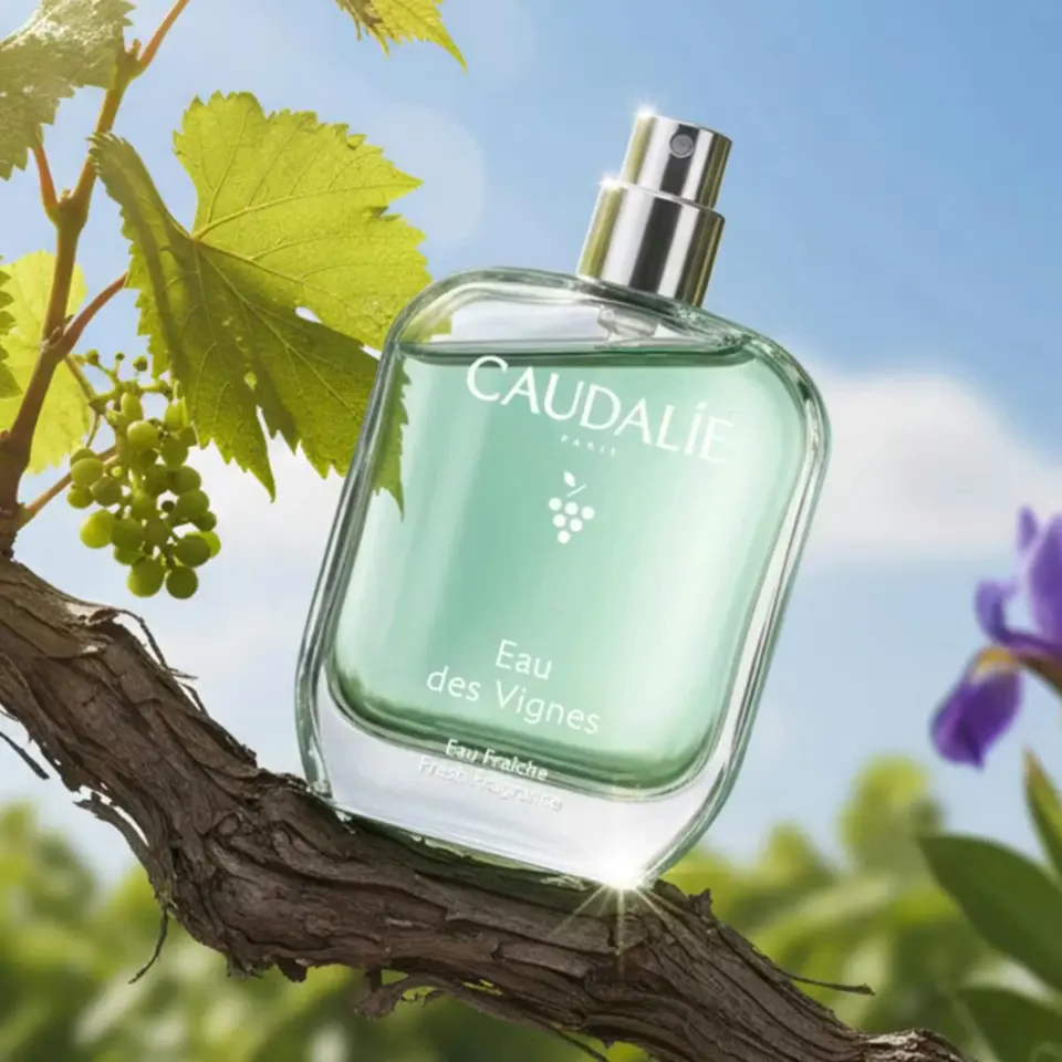 Caudalie Eau des Vignes perfume bottle on a vine with leaves and grapes.