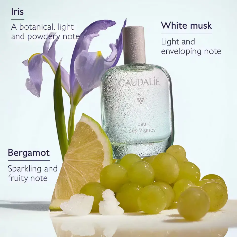Perfume bottle with iris, grapes, bergamot, and text describing scent notes.