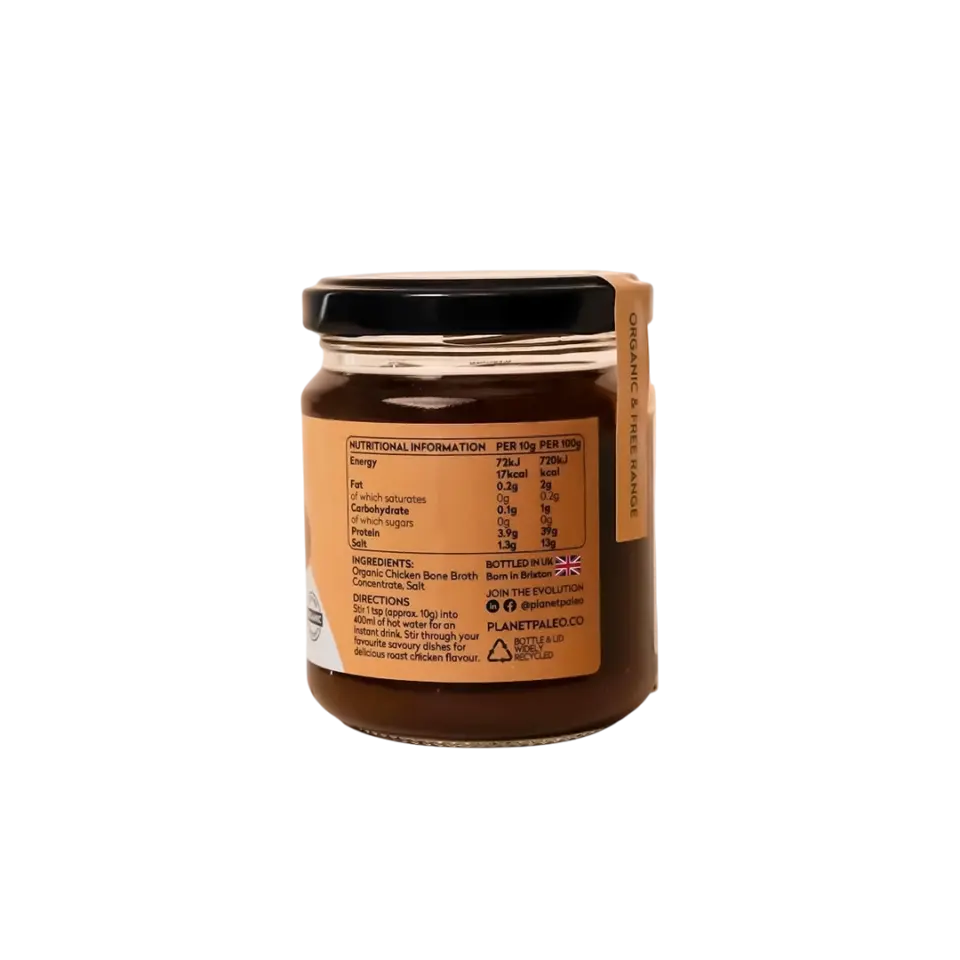 Jar of organic chicken bone broth with nutritional information and ingredients label.