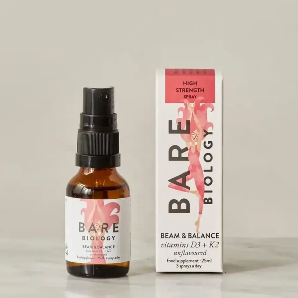 Bare Biology Beam & Balance spray bottle and box, vitamins D3 + K2, 25ml.