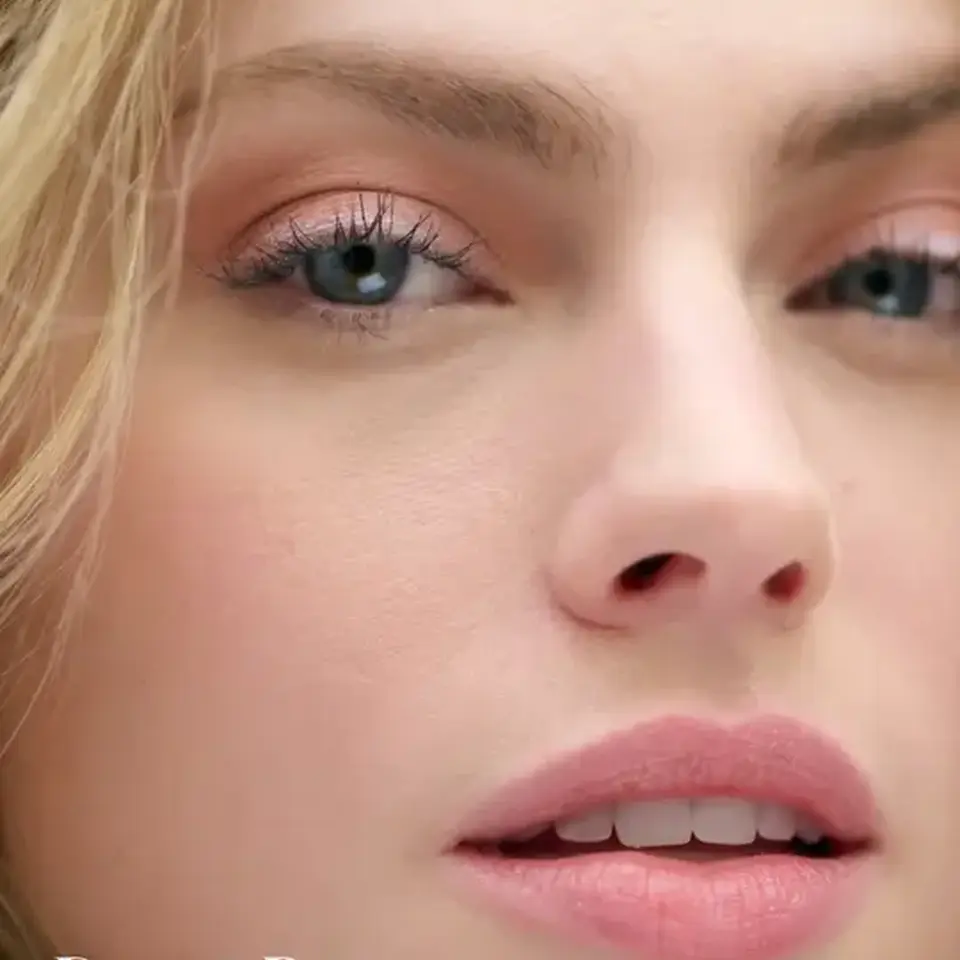 Close-up of a woman's face with pink eyeshadow and lipstick. Text: "Desert Rose".