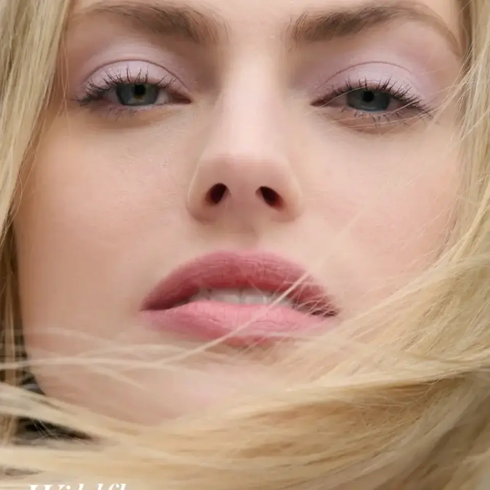 Close-up of a woman's face with pink eyeshadow and lipstick. Text: "Wildflower".