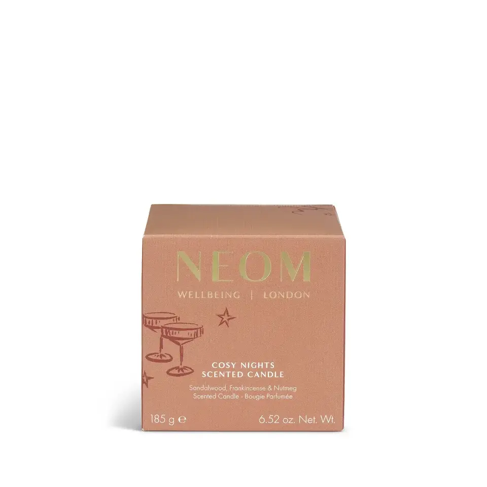 Neom Cosy Nights scented candle box, 185g, sandalwood, frankincense, nutmeg.