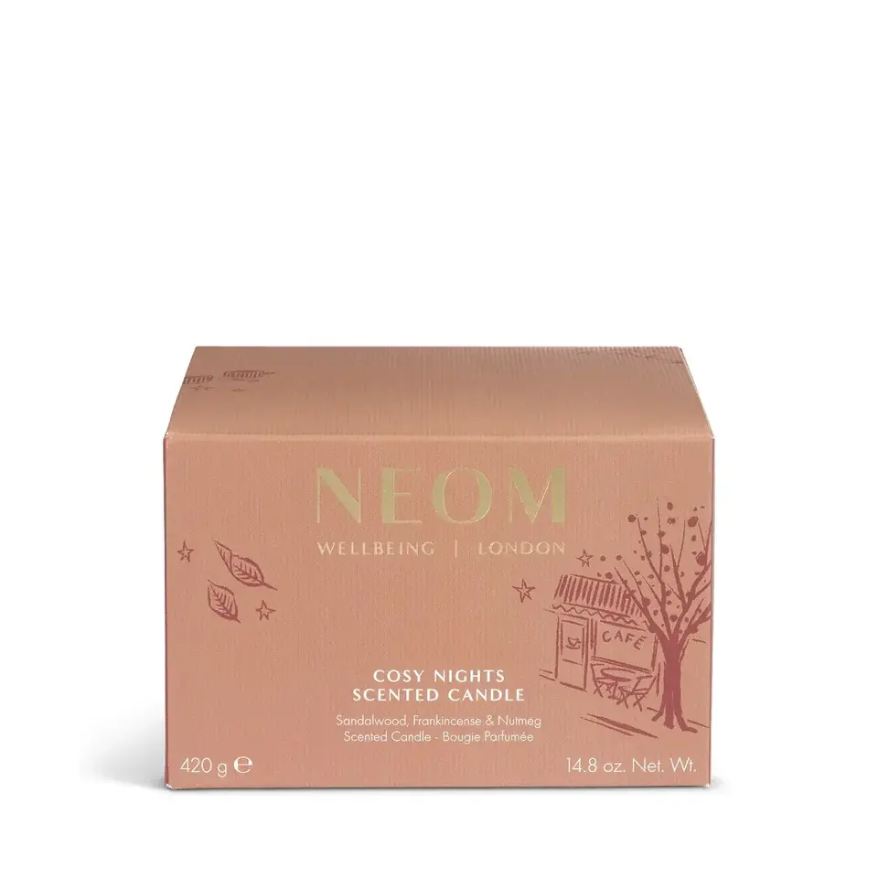NEOM Cosy Nights scented candle box, 420g, sandalwood, frankincense, nutmeg.