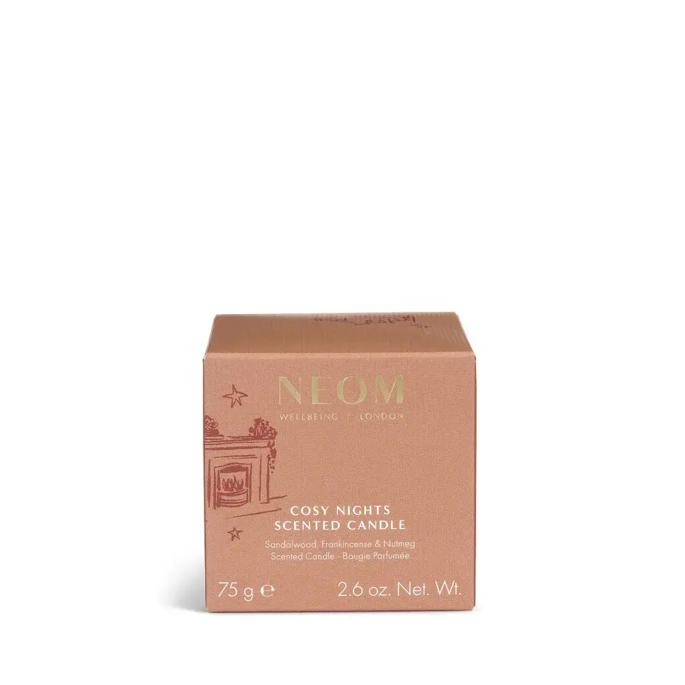Neom Cosy Nights scented candle box, 75g, sandalwood, frankincense, nutmeg.