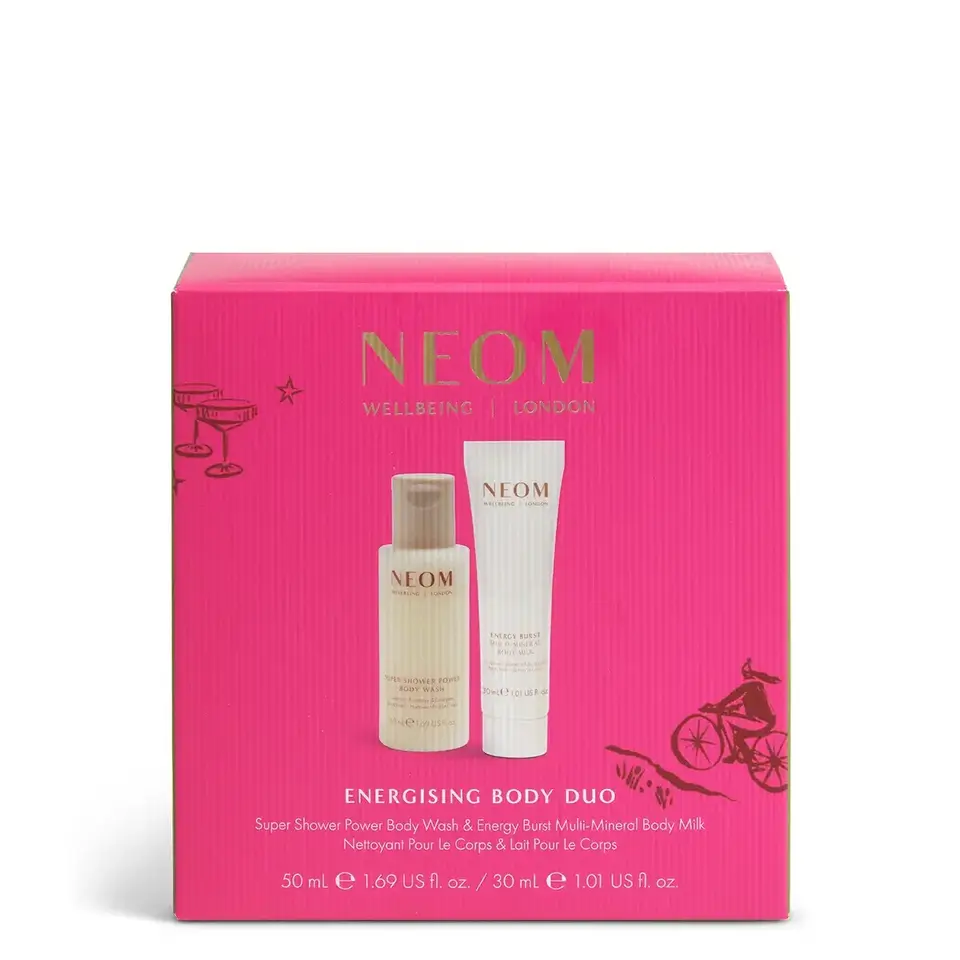 NEOM Wellbeing London Energising Body Duo in pink packaging with body wash and body milk.