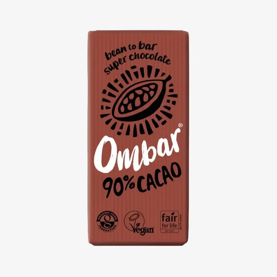 Brown Ombar chocolate bar, 90% cacao, vegan, fair trade certified.