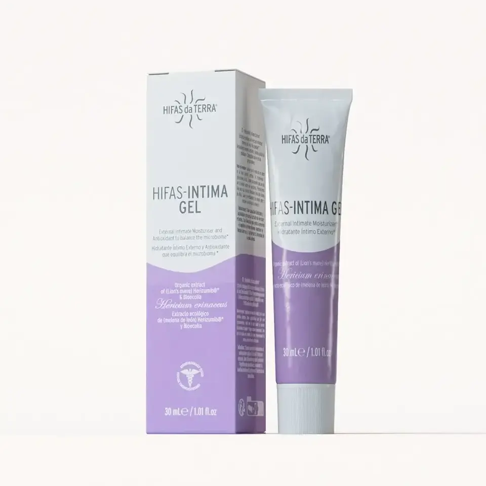 Hifas da Terra Intima Gel, 30ml tube and box, purple and white packaging.