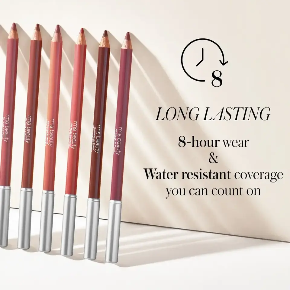 Seven lip pencils in various shades with text: "Long lasting, 8-hour wear, water resistant.