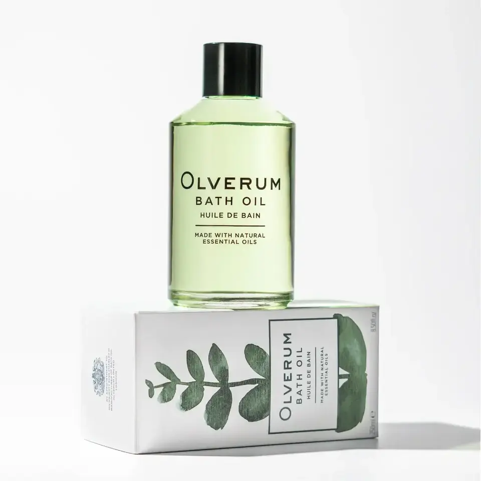 Olverum Bath Oil bottle on box with leaf design, 125ml.