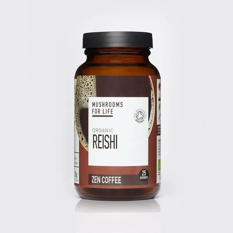 Brown jar of Mushrooms for Life Organic Reishi Zen Coffee, 25 servings.