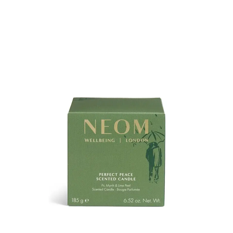 Green box of NEOM Perfect Peace scented candle, 185g, with fir, myrrh, and lime peel.