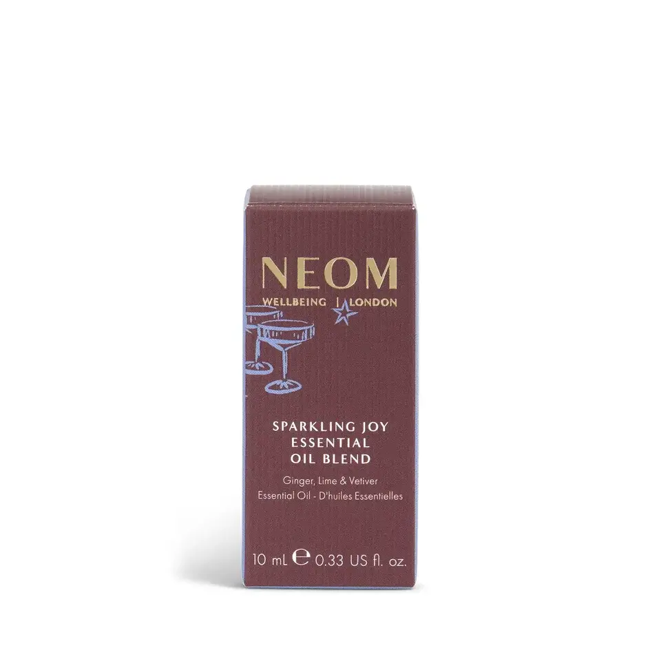 NEOM Sparkling Joy Essential Oil Blend box, 10ml, ginger, lime, vetiver.