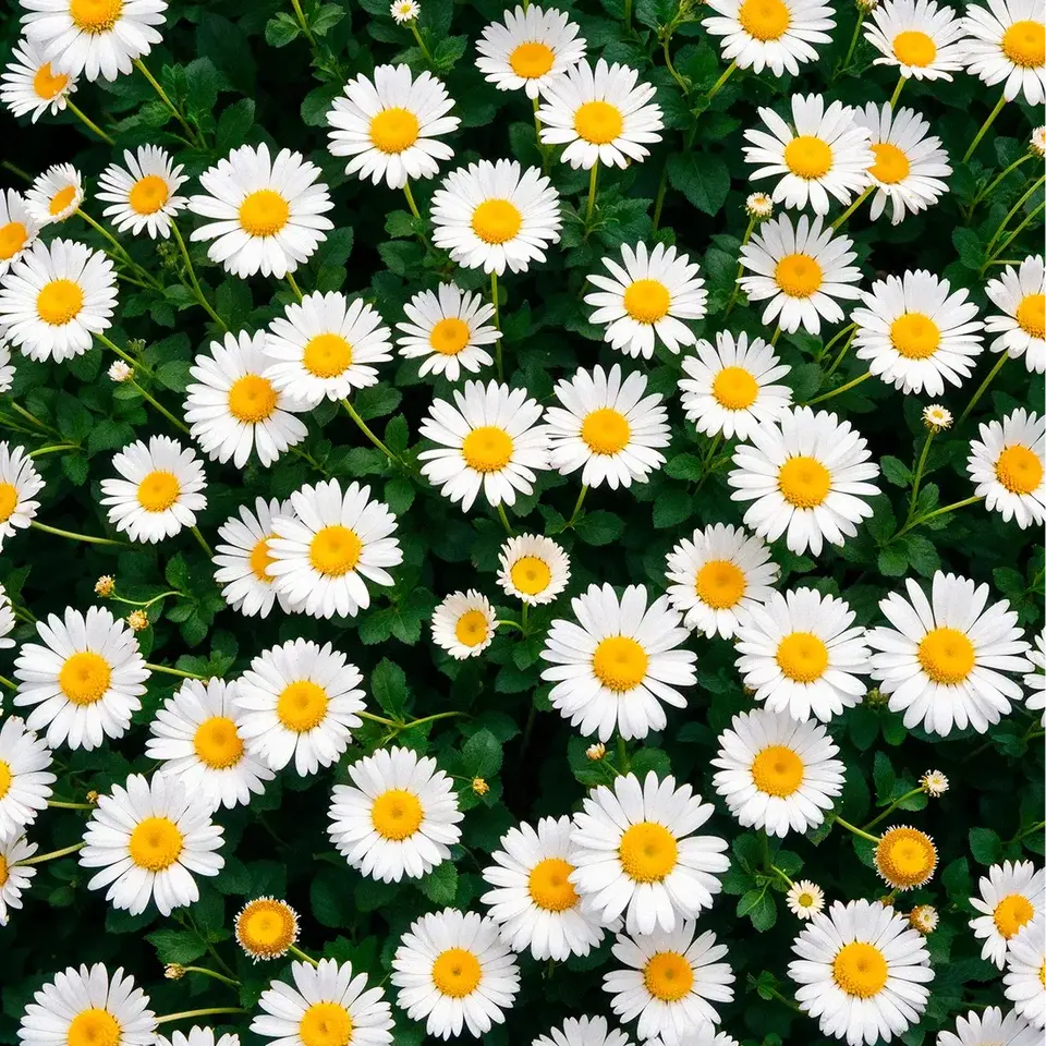 White daisies with yellow centres in a dense cluster.