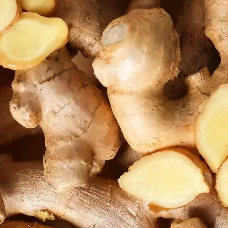 Close-up of fresh ginger roots with sliced sections showing yellow interior.