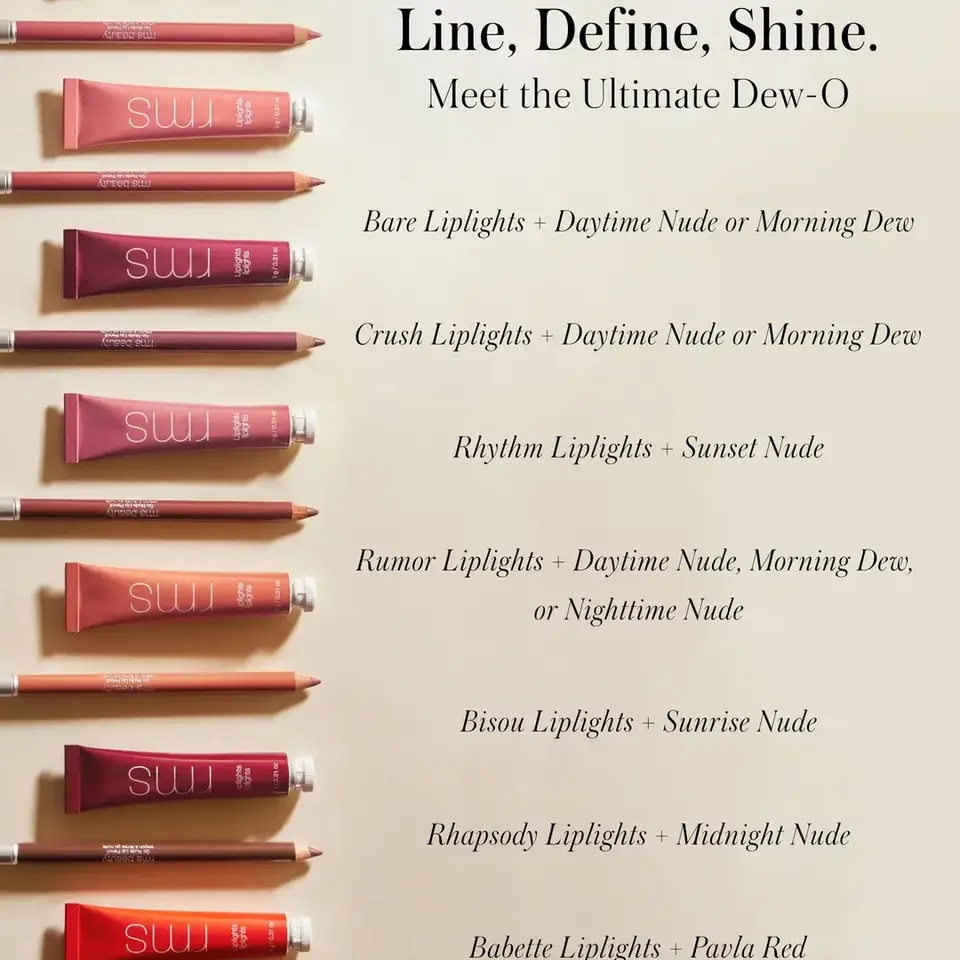 Liplight tubes and pencils with text: Line, Define, Shine. Meet the Ultimate Dew-O.