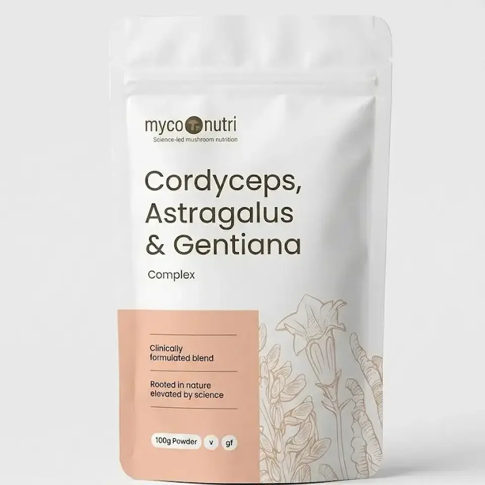 MycoNutri Cordyceps, Astragalus & Gentiana Complex, 100g powder, vegan, gluten-free.