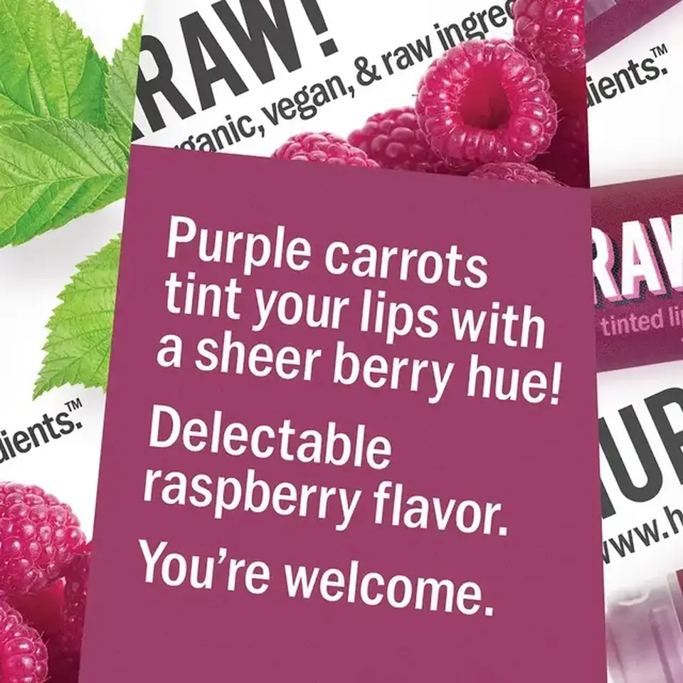 Purple carrots tint lips with berry hue. Delectable raspberry flavour. You're welcome.