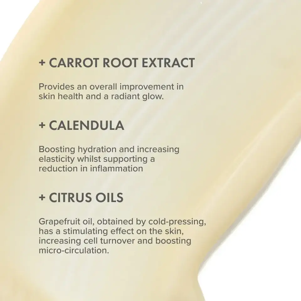 Carrot root extract, calendula, and citrus oils benefits on a beige background.