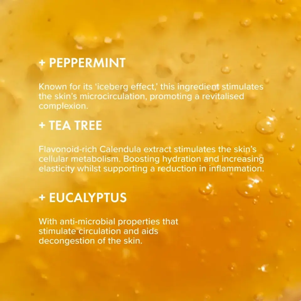 Peppermint, tea tree, and eucalyptus benefits on orange background with droplets.