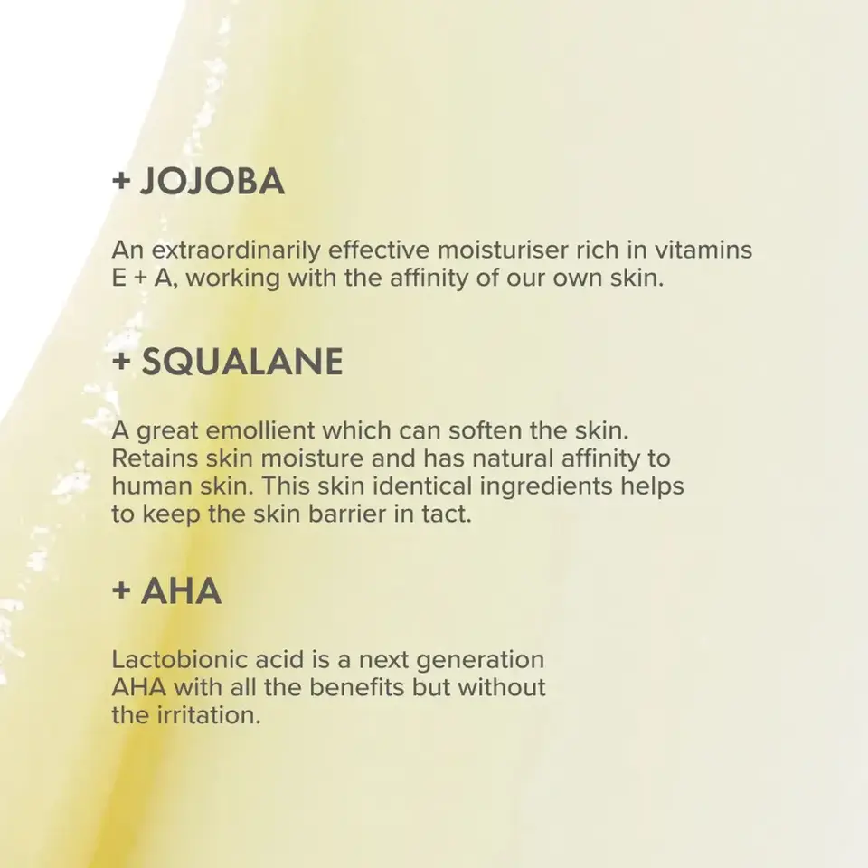 Jojoba, Squalane, and AHA benefits for skin moisturising and barrier protection described.