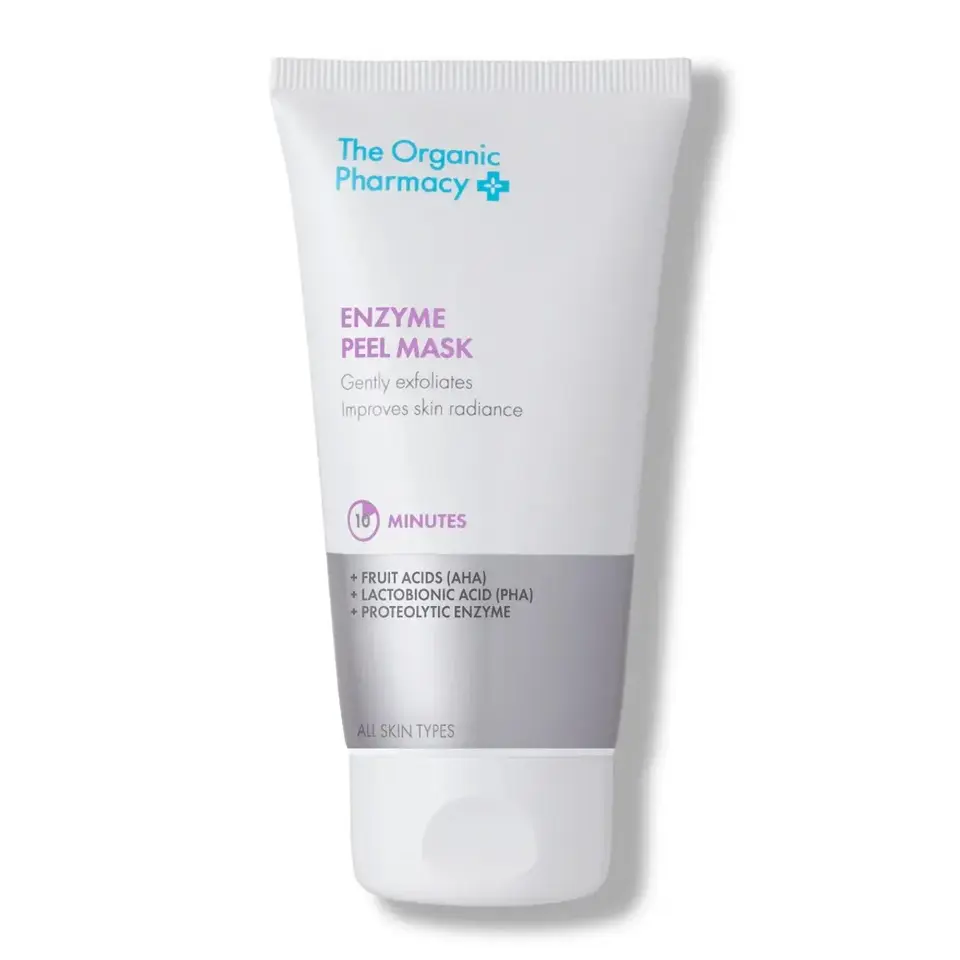 The Organic Pharmacy Enzyme Peel Mask tube, 10-minute exfoliating treatment for all skin types.
