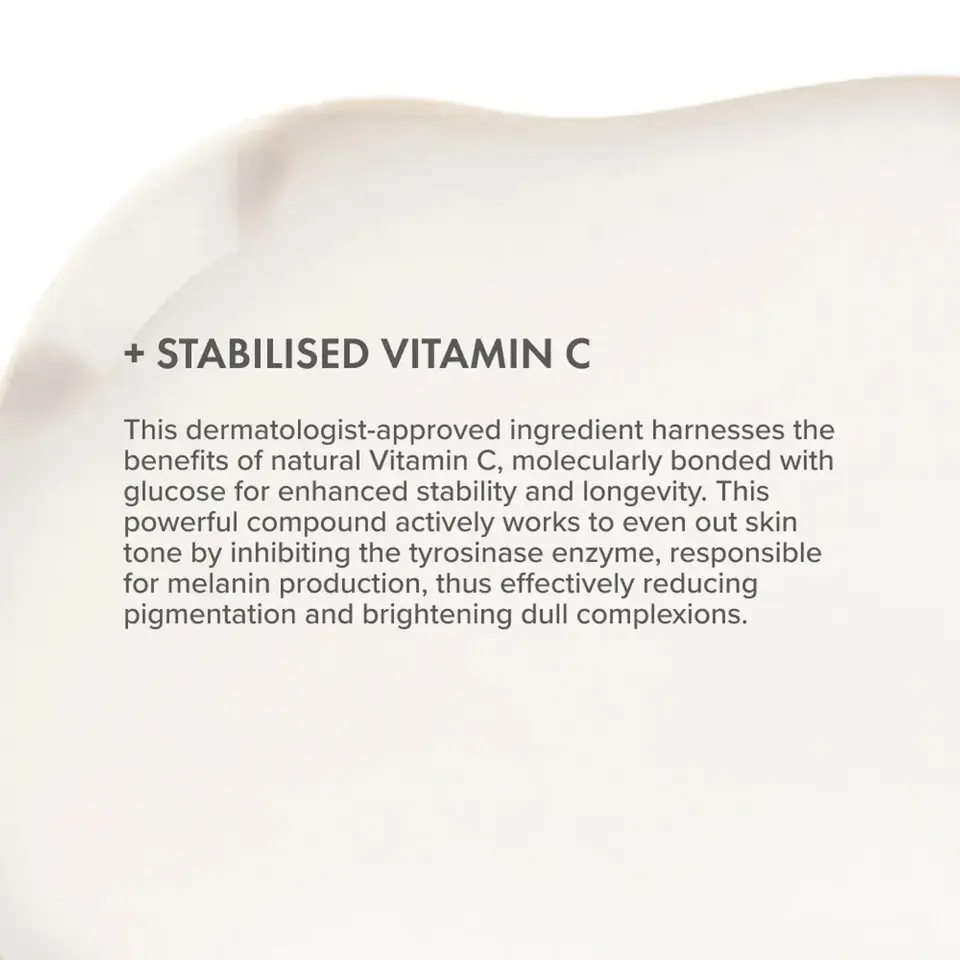 Stabilised Vitamin C text on a cream background, describing skincare benefits.