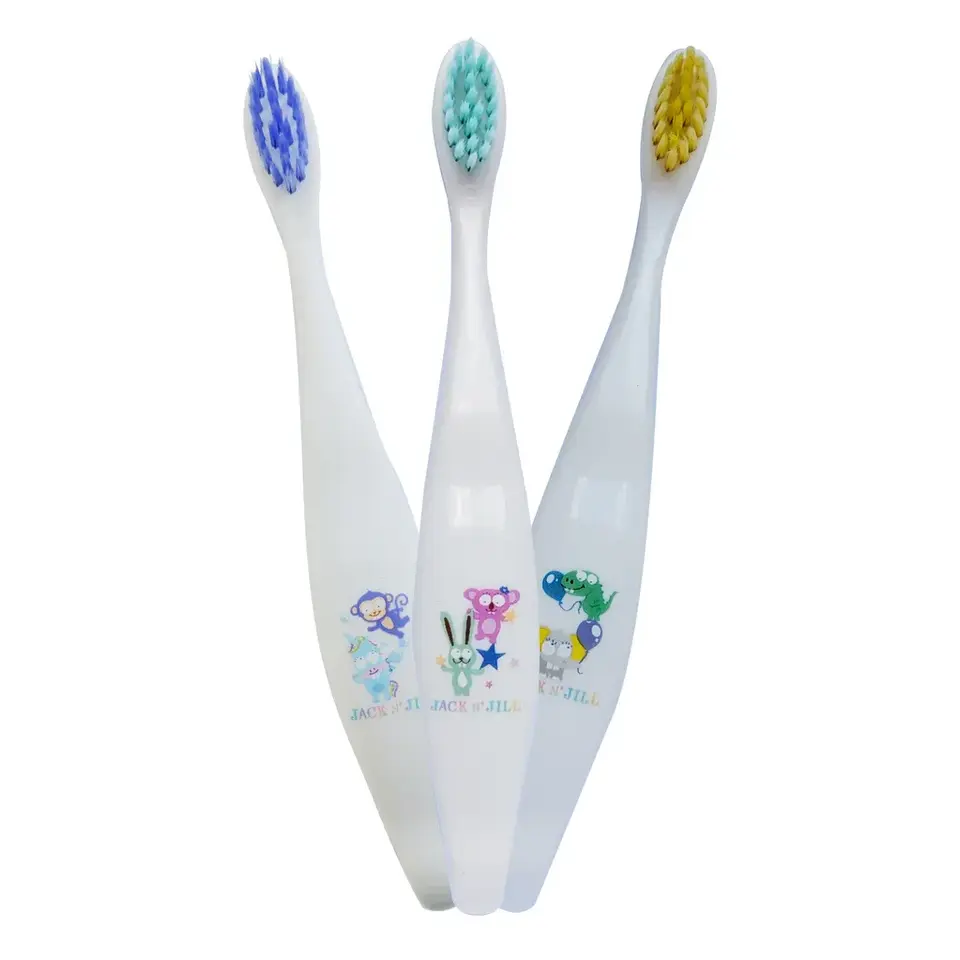 Three children's toothbrushes with animal designs and coloured bristles.