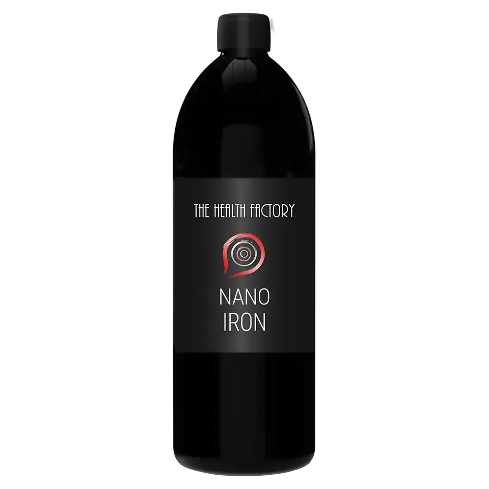 Black bottle labelled "The Health Factory Nano Iron".