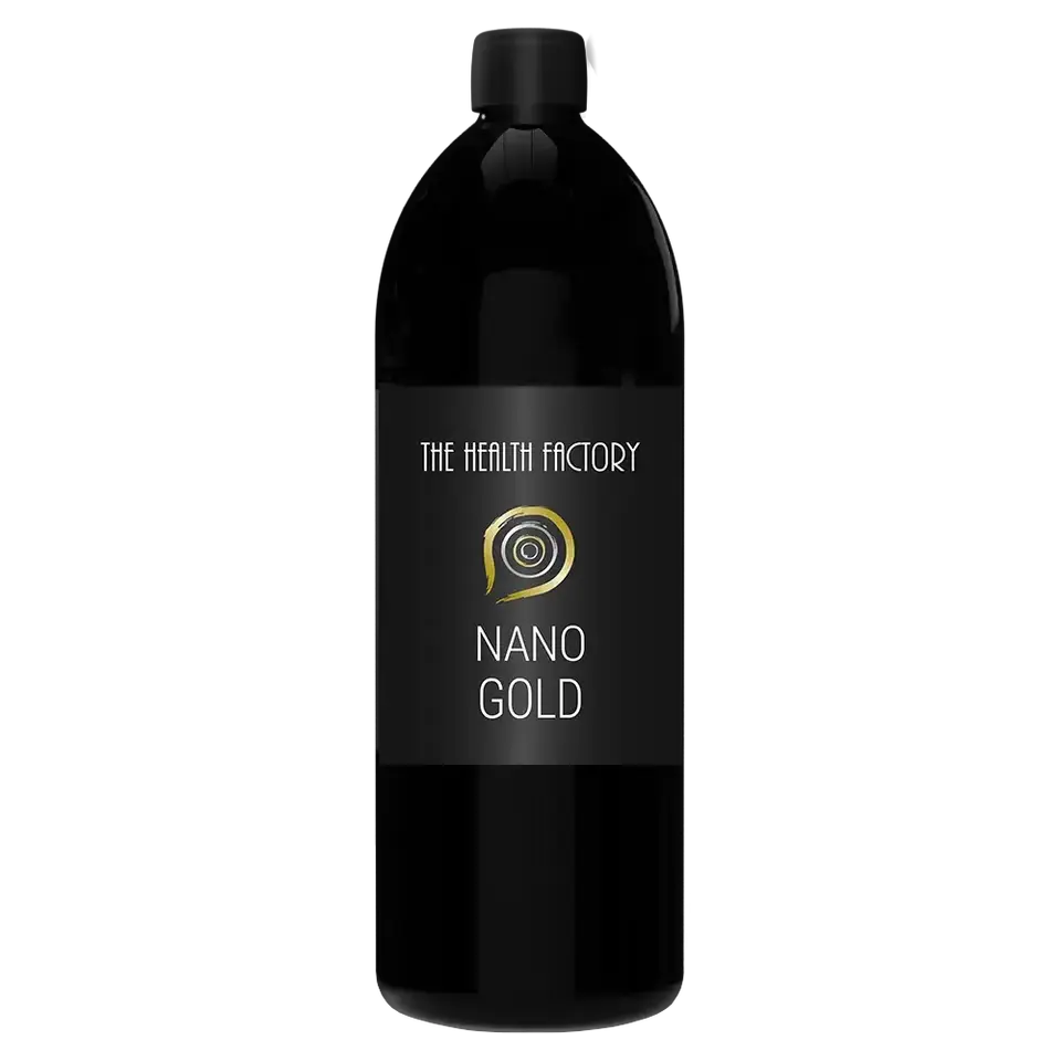 Black bottle labelled "The Health Factory Nano Gold".