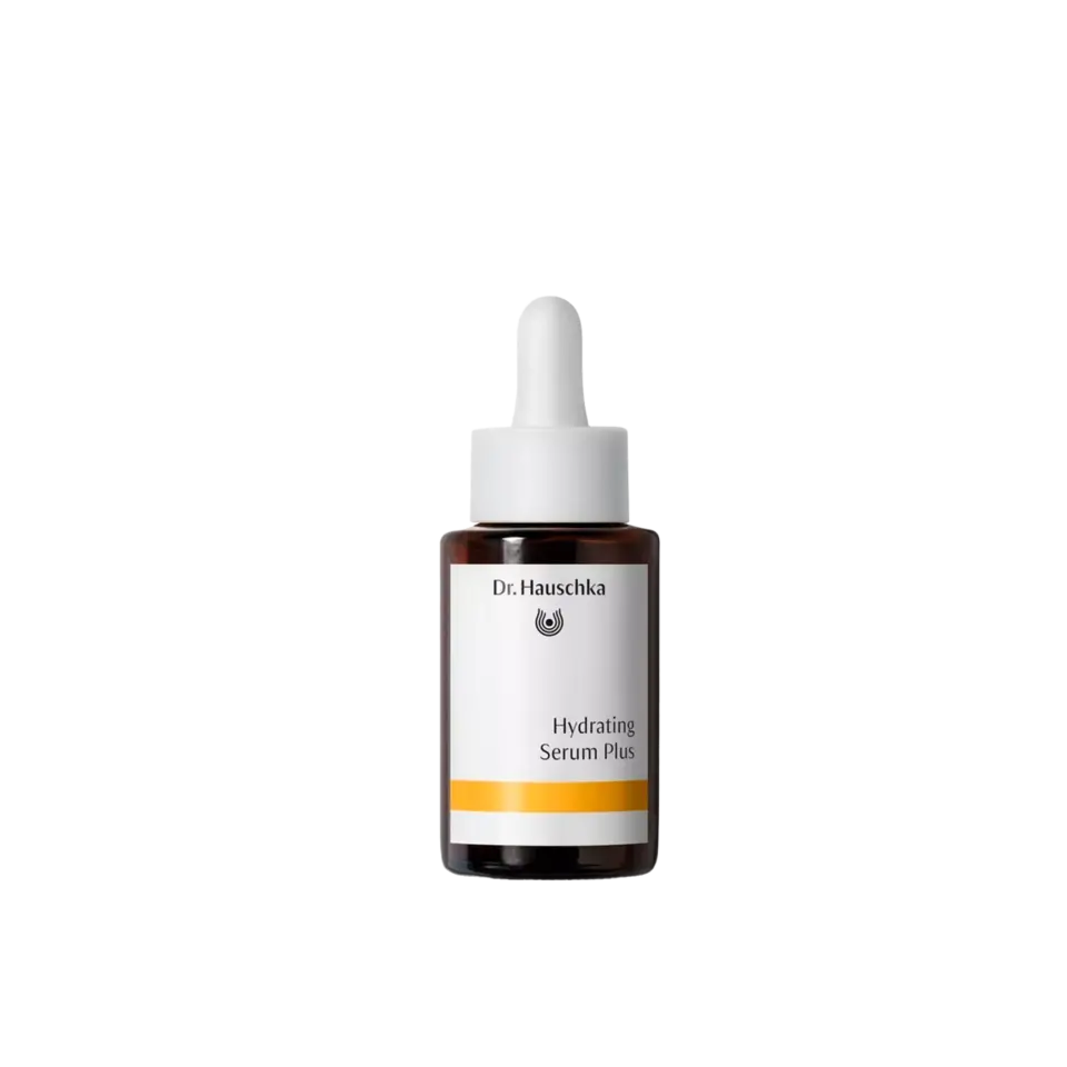 Dr. Hauschka Hydrating Serum Plus in a brown bottle with a white dropper cap.