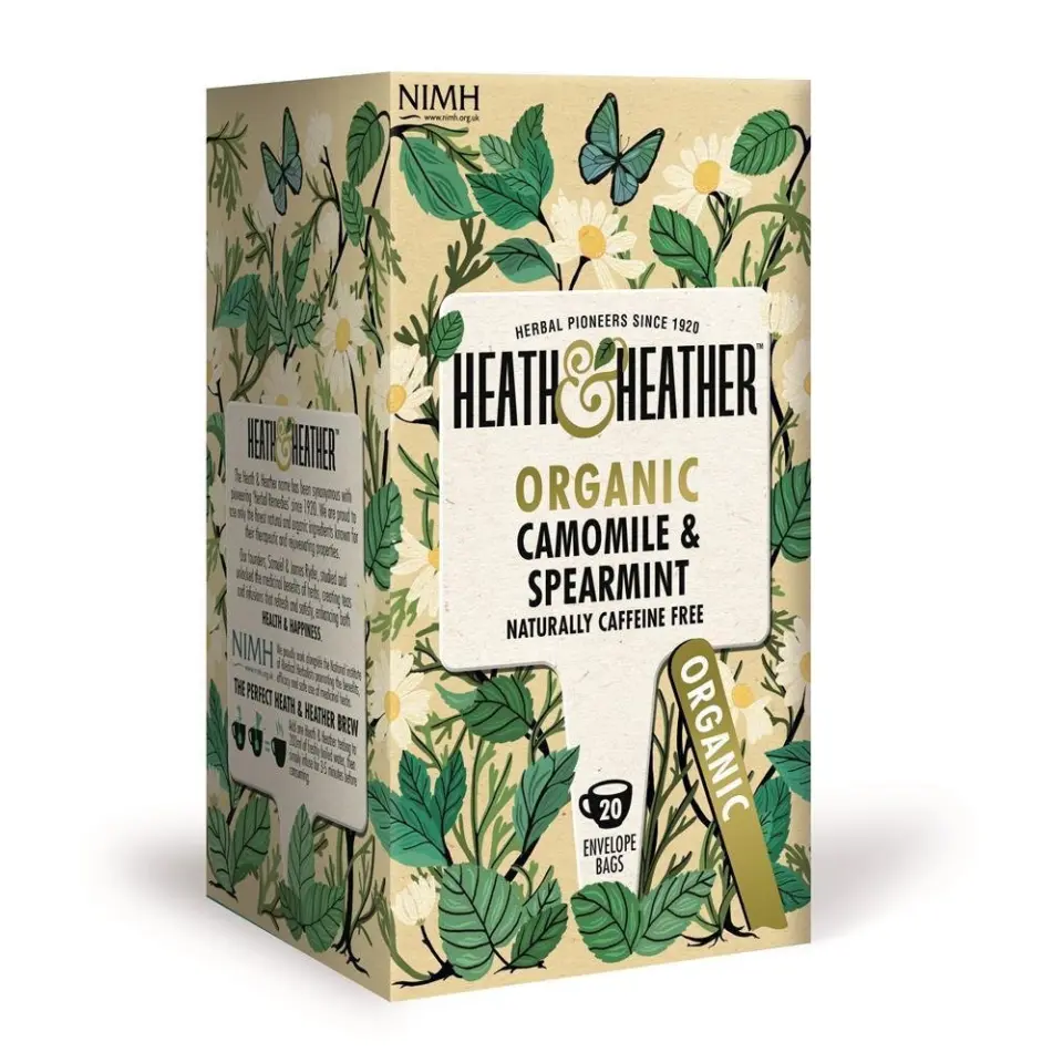 Heath & Heather Organic Camomile & Spearmint tea box with floral design, 20 bags.