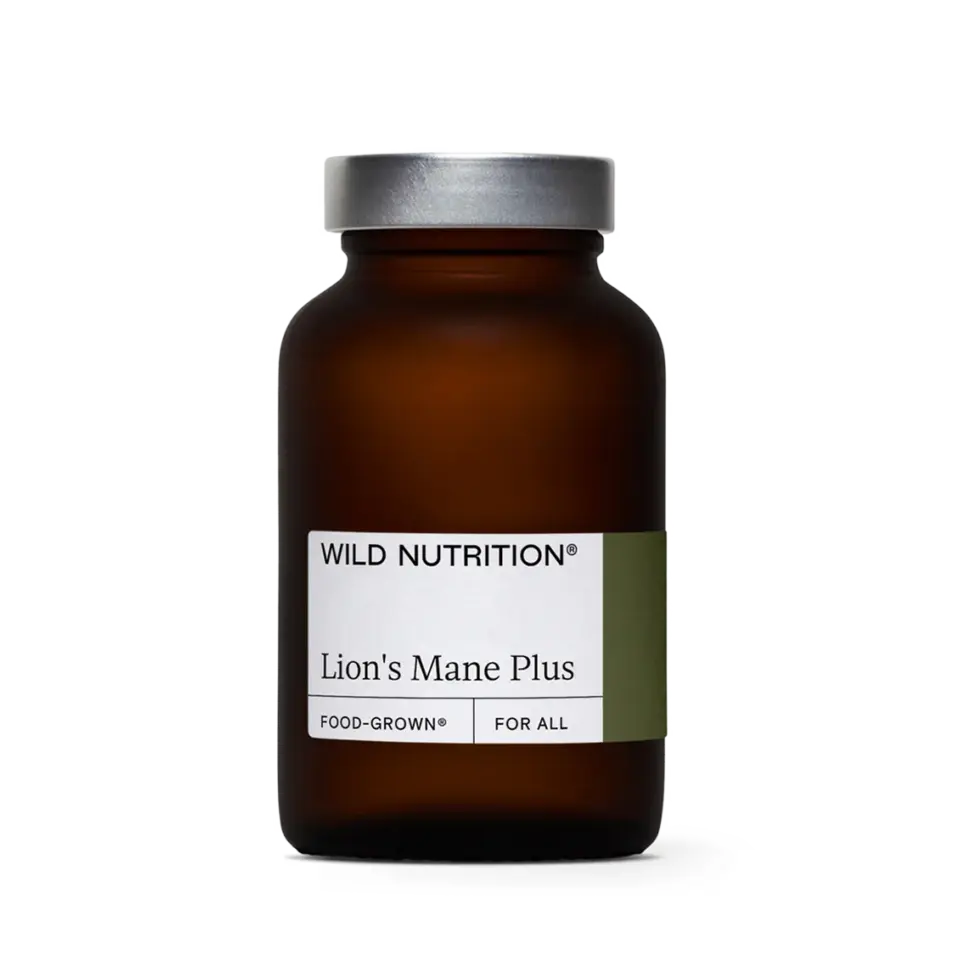 Brown bottle labelled "Wild Nutrition Lion's Mane Plus".