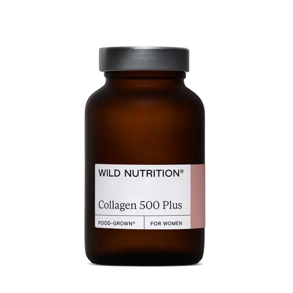 Brown bottle labelled "Wild Nutrition Collagen 500 Plus, Food-Grown, For Women".