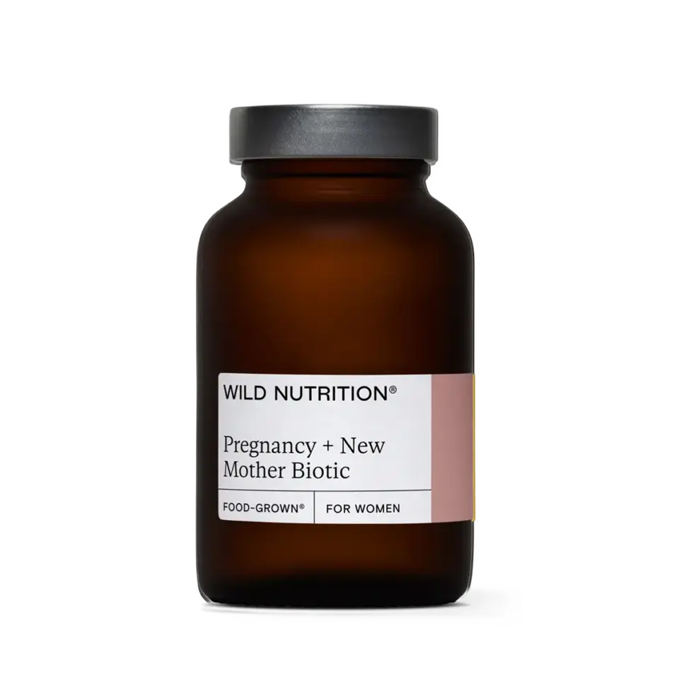 Brown bottle labelled "Wild Nutrition Pregnancy + New Mother Biotic".